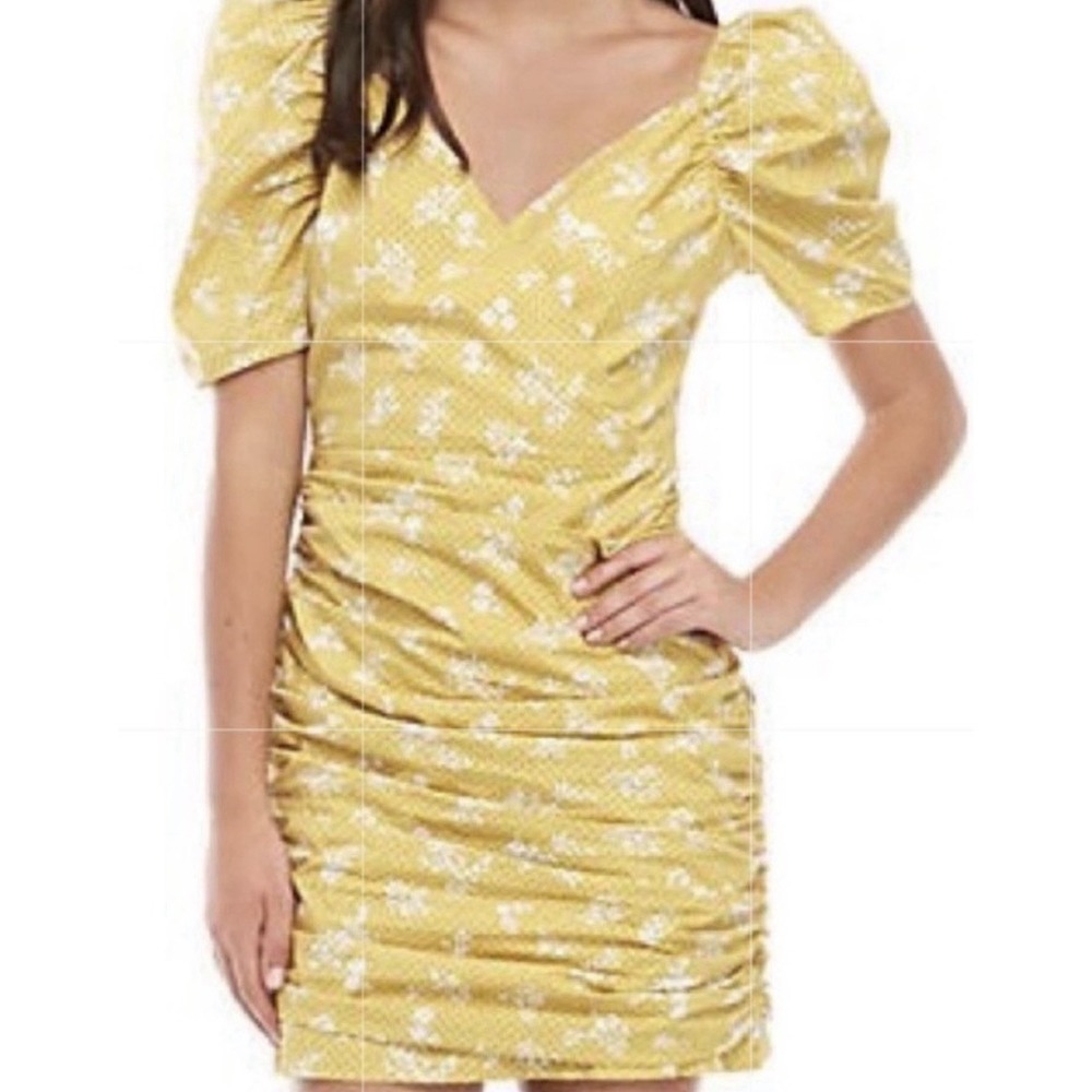English Factory Coquette Twee Puff Sleeve Ruched Mini Dress Sm Flowers Yellow